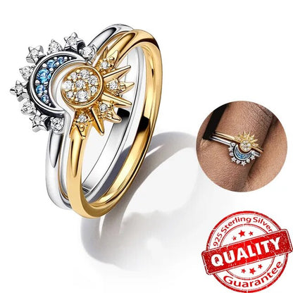 ANELLO LUNARA - Anello in cristallo scintillante d'argento con disegno di luna e sole