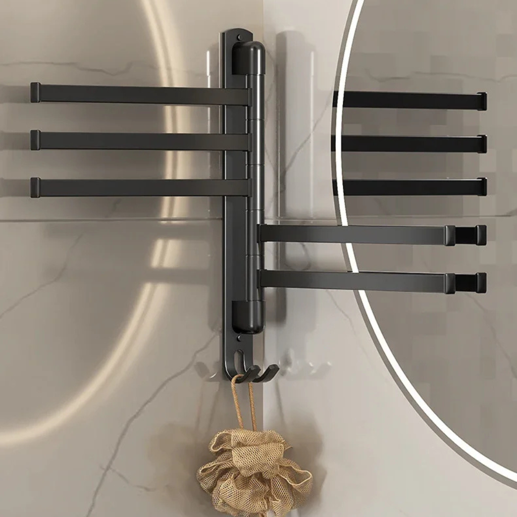 TOWELFLEX – Modern Matte Black Towel Rack with 5 Rotatable Arms for Space-Saving Storage 3
