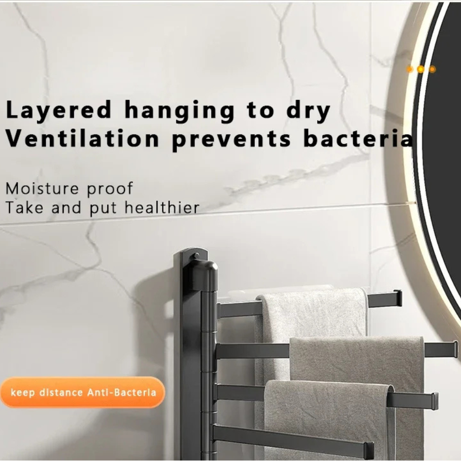 TOWELFLEX – Modern Matte Black Towel Rack with 5 Rotatable Arms for Space-Saving Storage 6