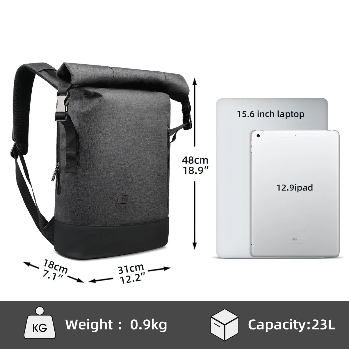 URBANTRAIL Rolltop rugzak - Uitbreidbare en waterdichte reisrugzak met USB-poort en laptopvak