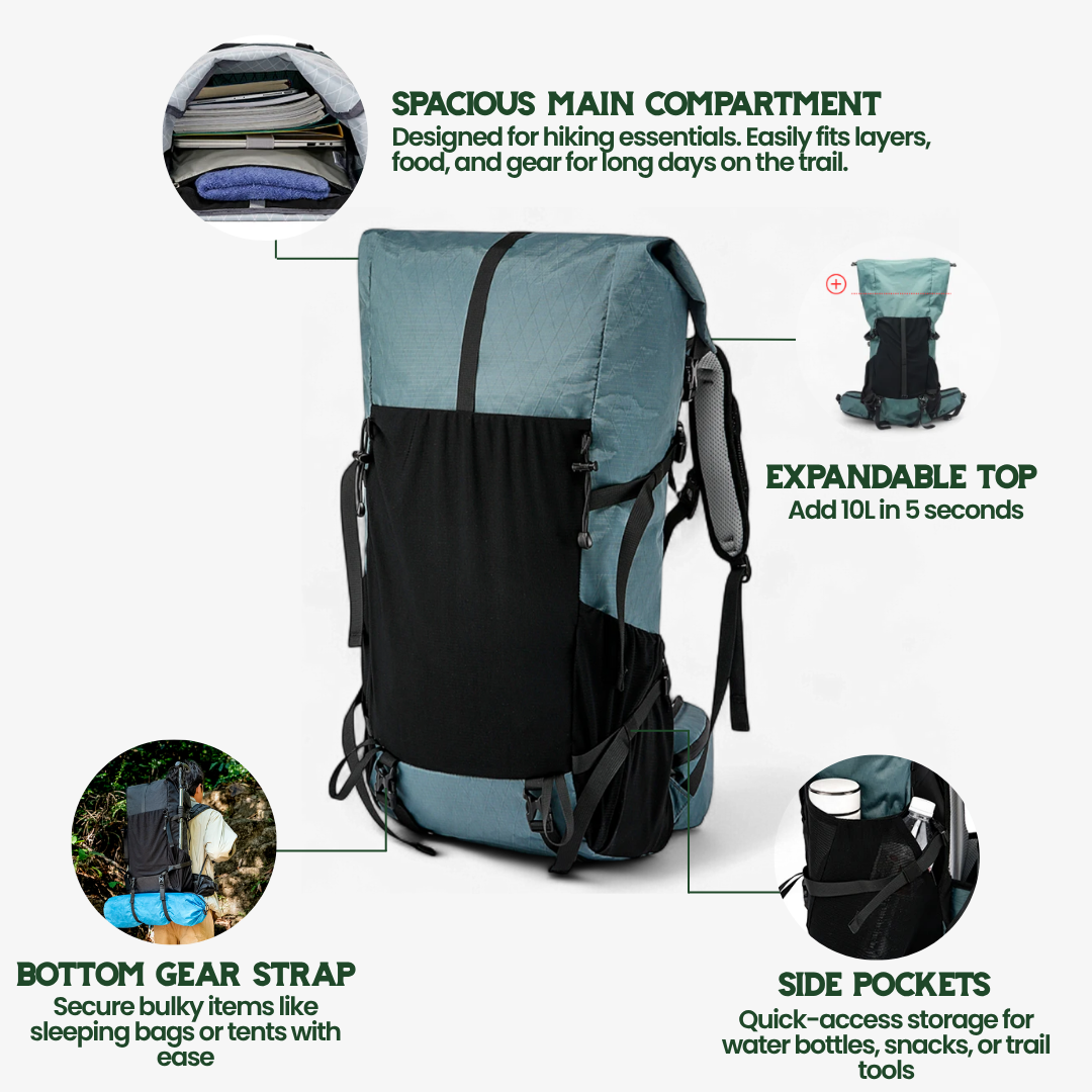 ULTREA 50L – Ultralight Expandable Adventure Backpack for Hiking & Travel