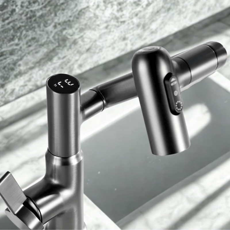 FLOWAXIS – 360° Swiveling Kitchen Faucet with Adjustable Height & Temperature Display
