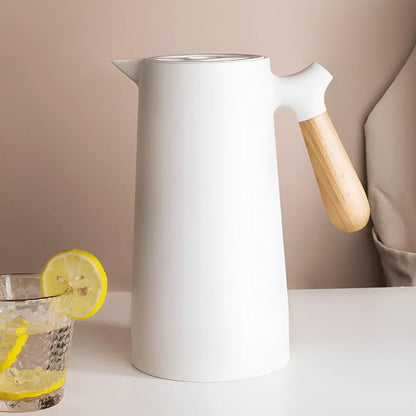 VetroLux – Elegant double-walled glass carafe with wooden handle for hot and cold drinks