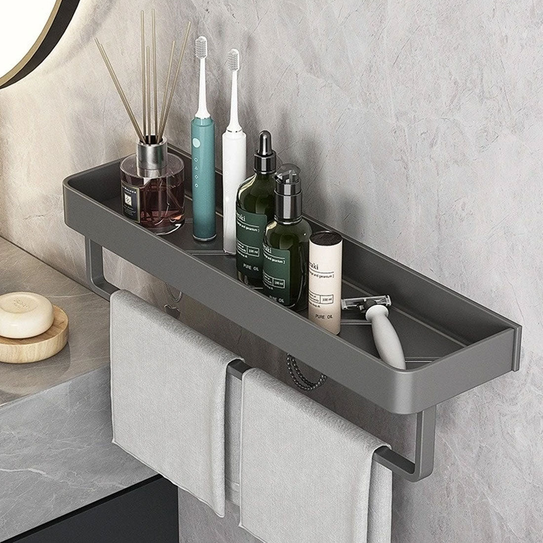 Aquashelf - Elegant wall shelf for the bathroom with towel holder & drill -free assembly 1
