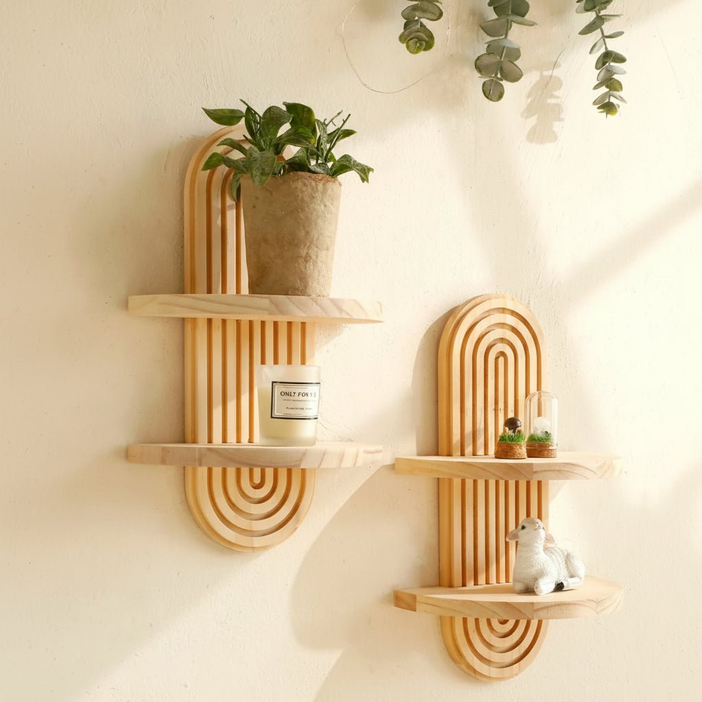 SHELFLUX – Boho Geometric Wooden Floating Shelves Stylish Wall Storage 1
