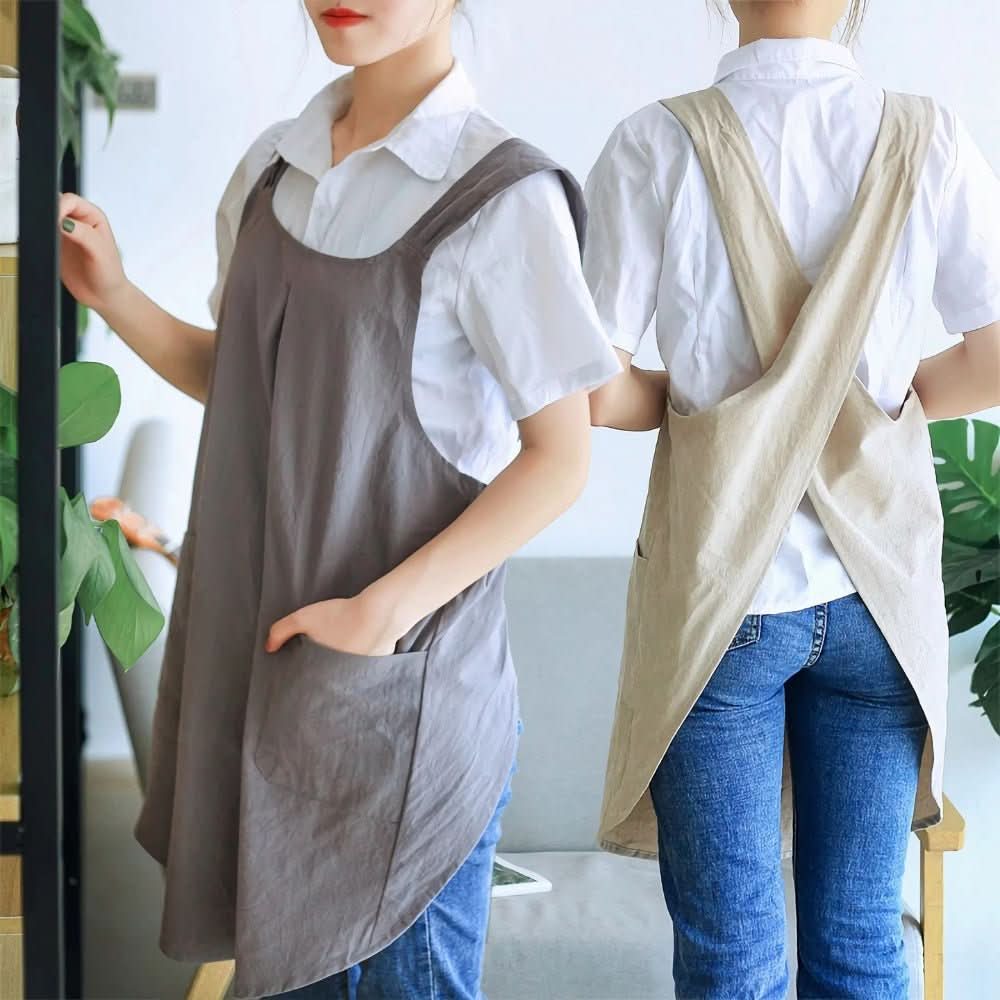Nari Korean-Inspired Cross-Back Apron Dress with Pockets for Home Baking & Gardening 1