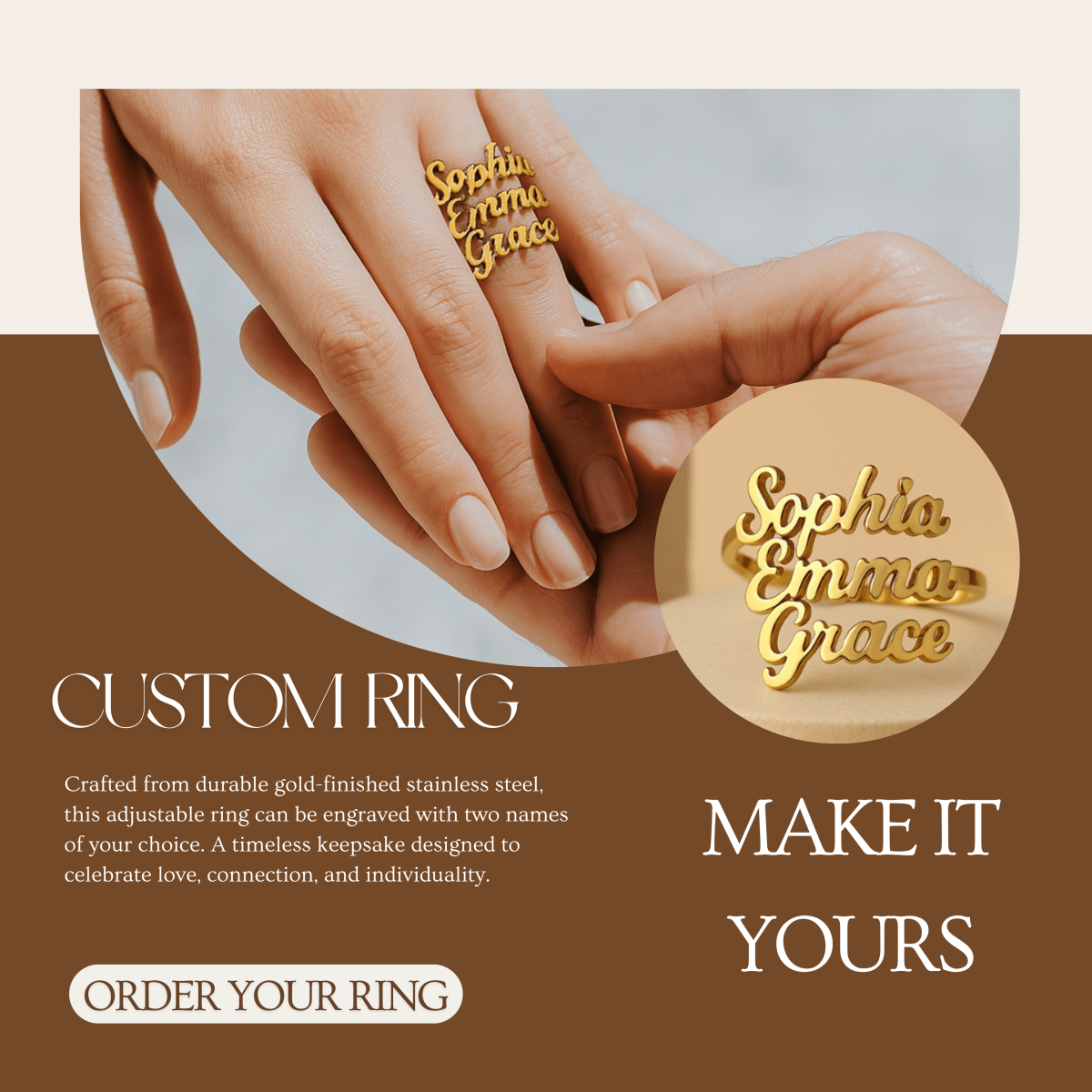 AURELION – Bague personnalisable ajustable en acier inoxydable doré avec prénom