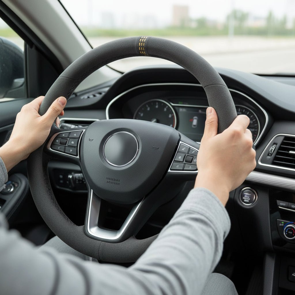 Premium Cowhide Suede Steering Wheel Cover - Universal Fit 37-38cm, Breathable Material 1