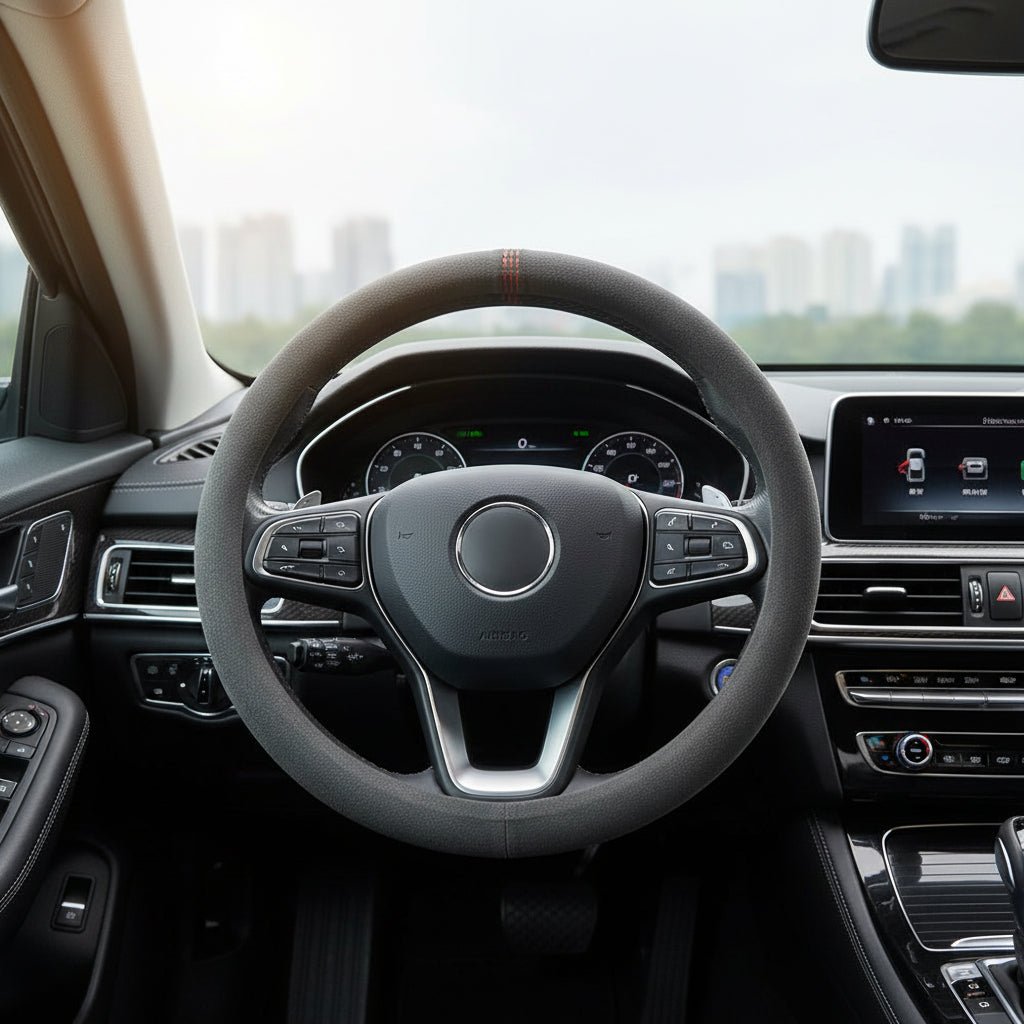 Premium Cowhide Suede Steering Wheel Cover - Universal Fit 37-38cm, Breathable Material 0