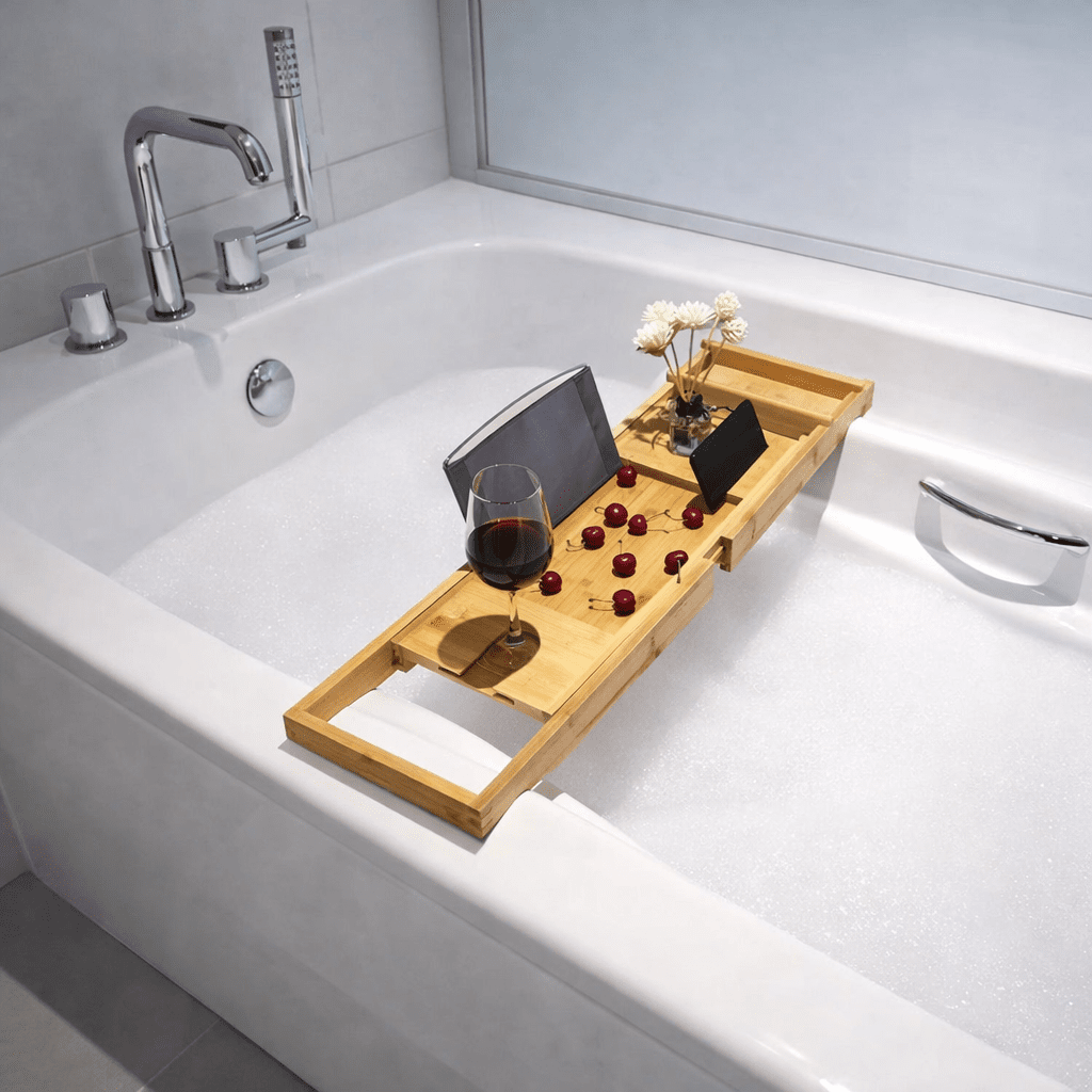 BAMORÉ – Elegant Bamboo Bath Tray with Adjustable Storage & Relaxation Features