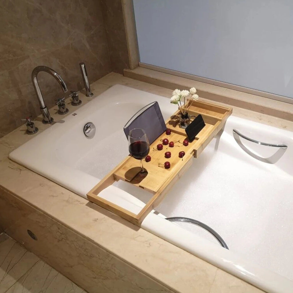 Elegant Bamboo Bath Tray - Adjustable Caddy with Spacious Storage & Relaxation Features 1