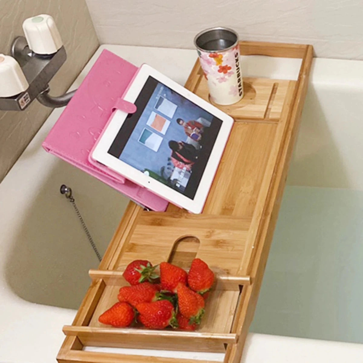 Elegant Bamboo Bath Tray - Adjustable Caddy with Spacious Storage & Relaxation Features 0