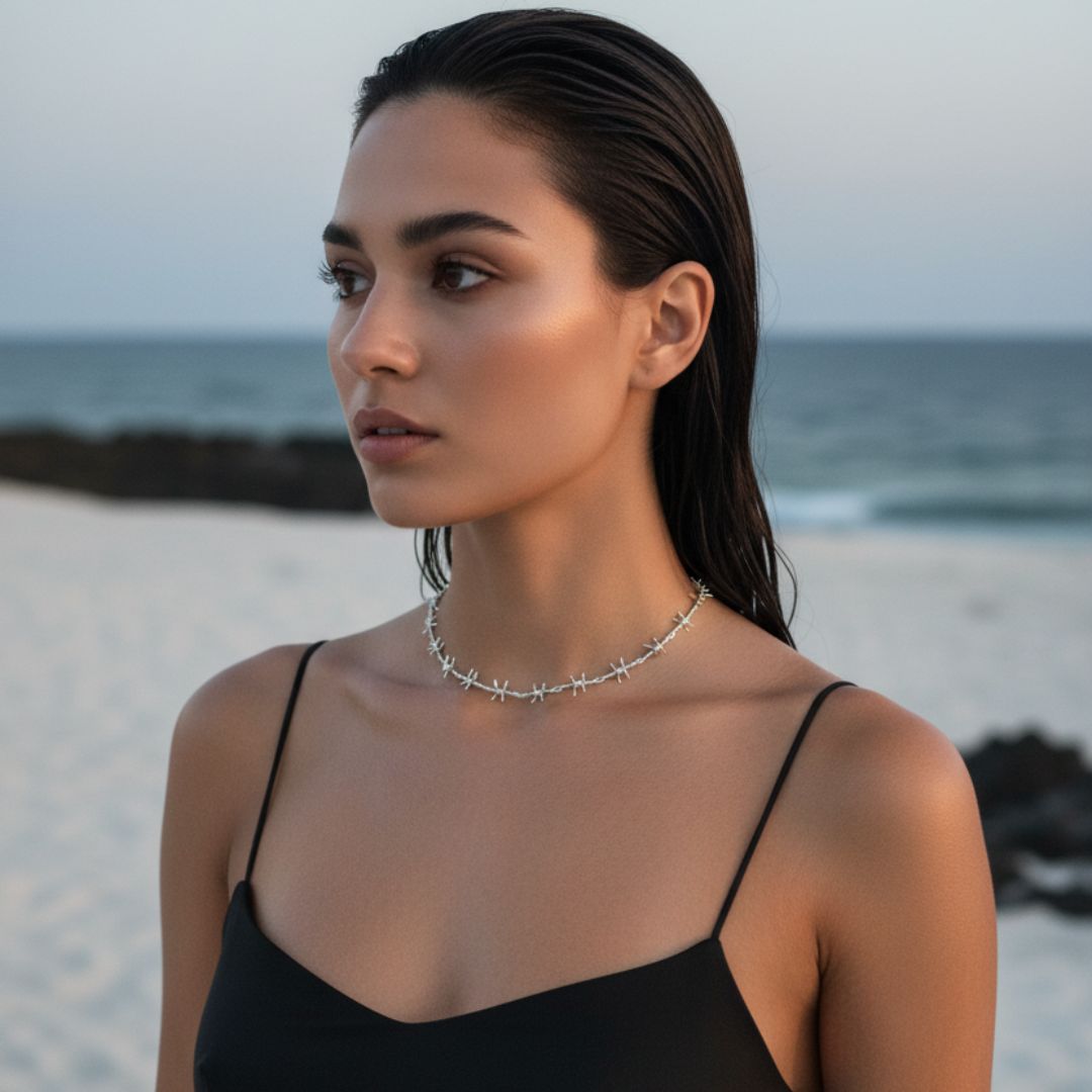 Prikkeldraad Choker Ketting - Verguld of Rhodium Geplateerd met Verlengstuk
