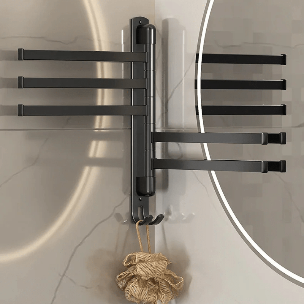 TOWELFLEX – Modern Matte Black Towel Rack with 5 Rotatable Arms for Space-Saving Storage 3