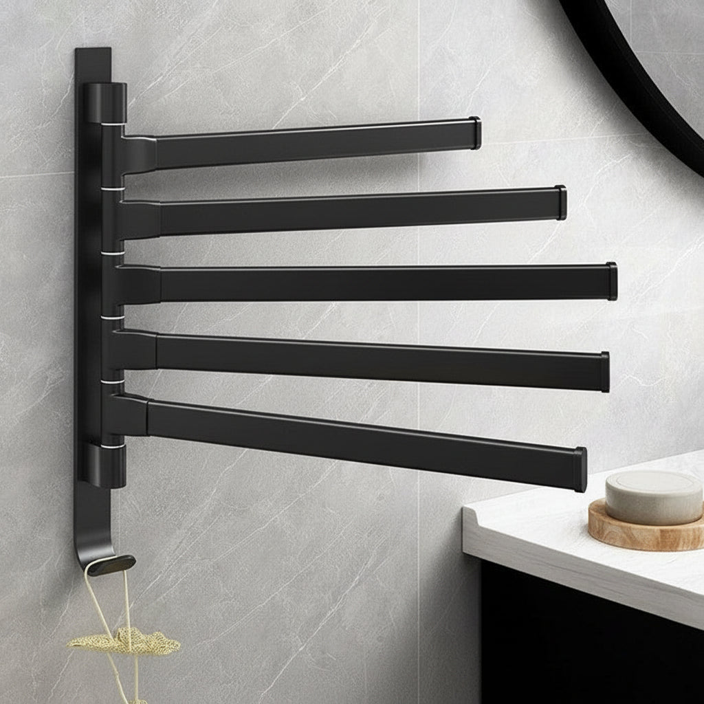 TOWELFLEX – Modern Matte Black Towel Rack with 5 Rotatable Arms for Space-Saving Storage 0
