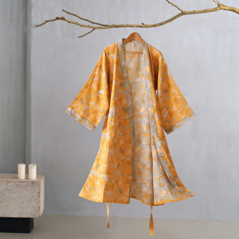 Ginkgo Biloba Cotton Bathrobe - Soft Kimono-Style Dressing Gown for Comfort 23
