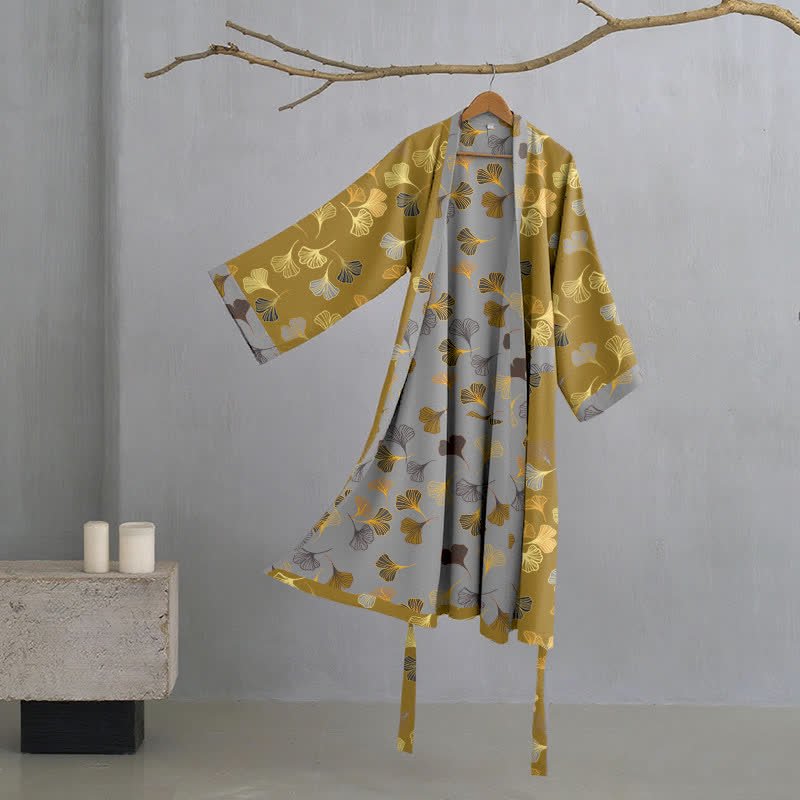 Ginkgo Biloba Cotton Bathrobe - Soft Kimono-Style Dressing Gown for Comfort 0
