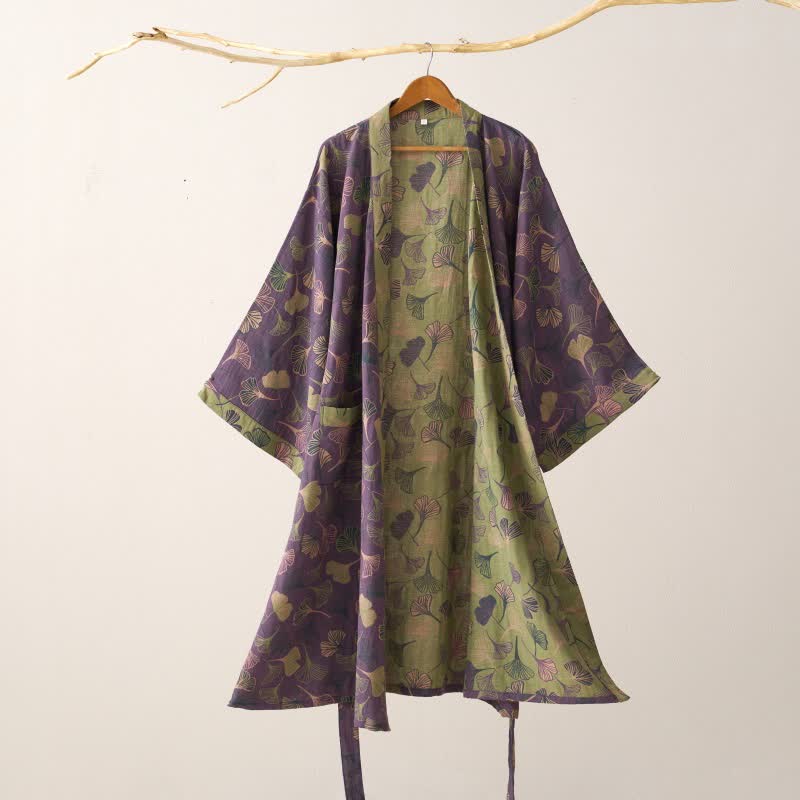 Ginkgo Biloba Cotton Bathrobe - Soft Kimono-Style Dressing Gown for Comfort 3