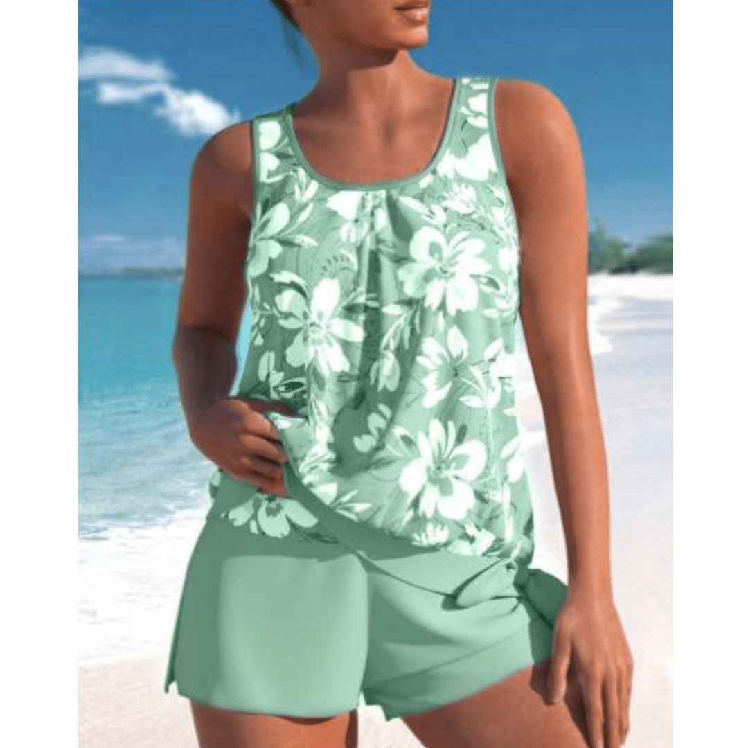 Stylish Two-Tone Floral Print Tankini Set for Women - Comfortable & Chic 3