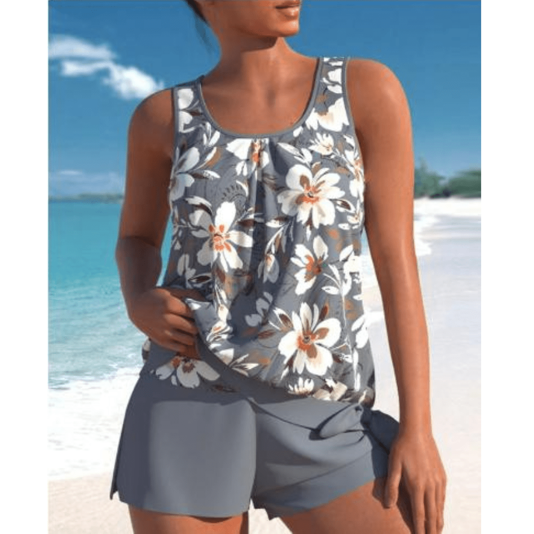 Stylish Two-Tone Floral Print Tankini Set for Women - Comfortable & Chic 1