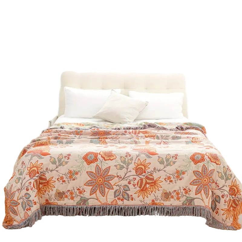 Boho-Chic – Cotton Throw Blanket with Floral Boho Pattern