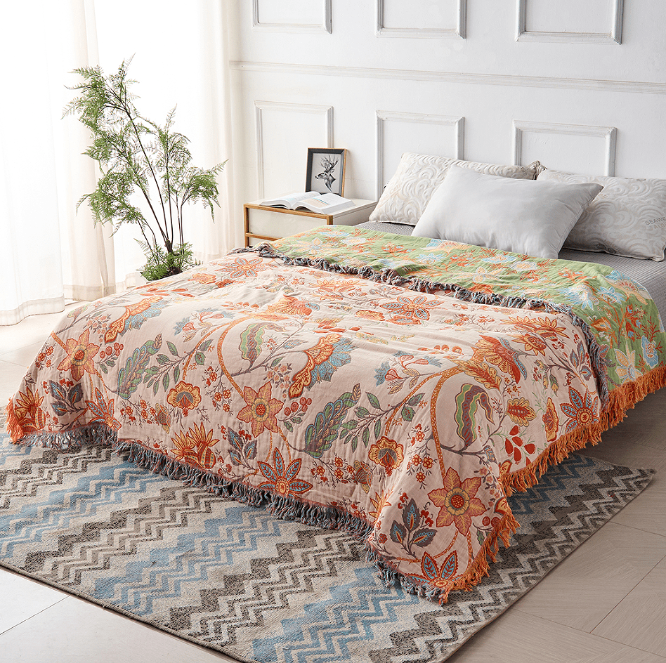 Boho-Chic – Cotton Throw Blanket with Floral Boho Pattern