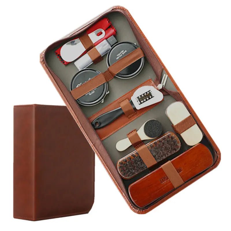 LuxeShine - 9-Piece Shoe Care Kit with Horsehair Brushes & Microfiber Cloths 1