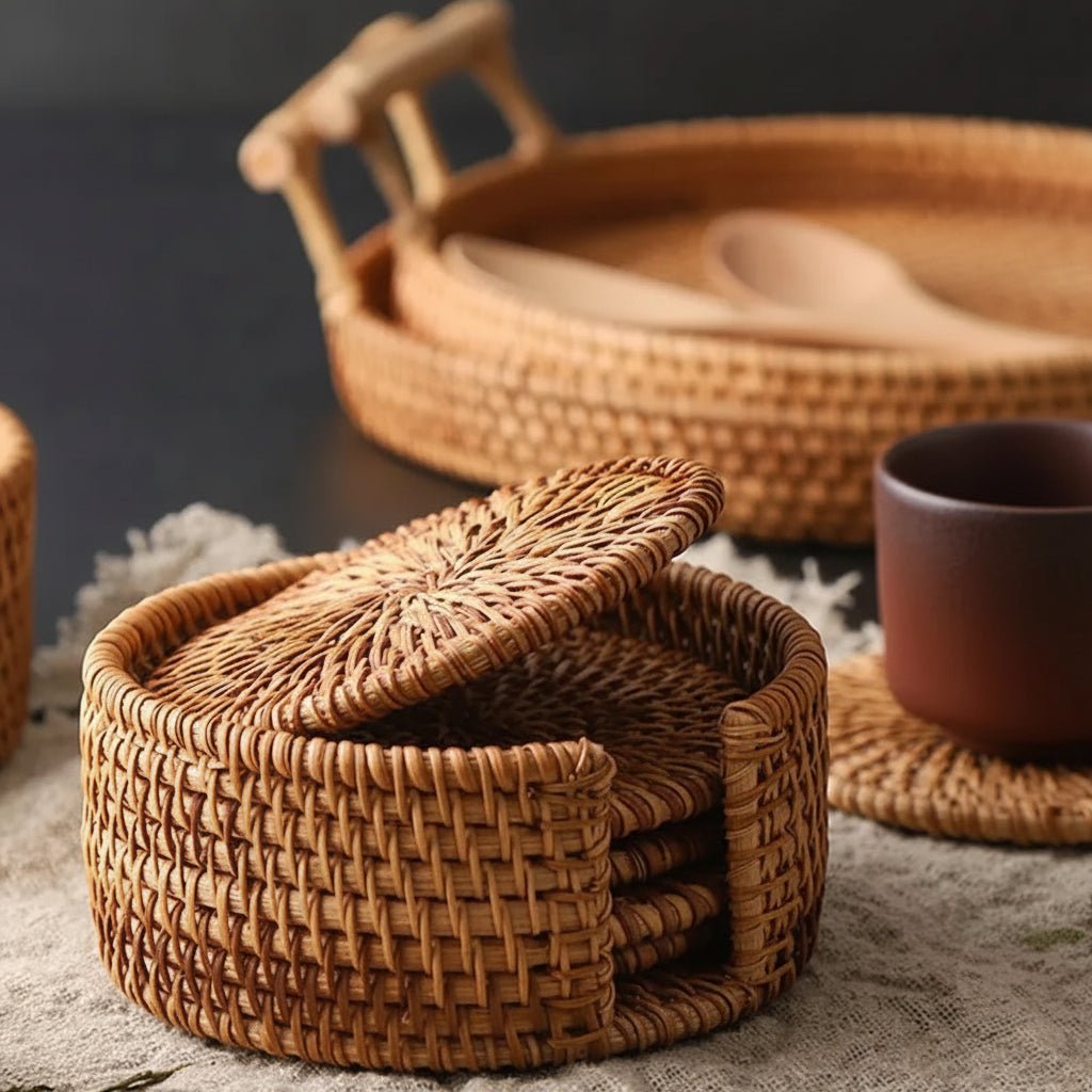 RATTANCRAFT – Elegant Rattan Weave Coaster Set 6-Piece Non-Slip Drink Mats 0