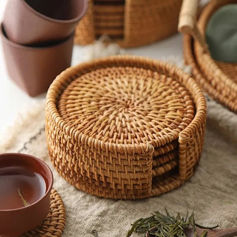 RATTANCRAFT – Elegant Rattan Weave Coaster Set 6-Piece Non-Slip Drink Mats 1