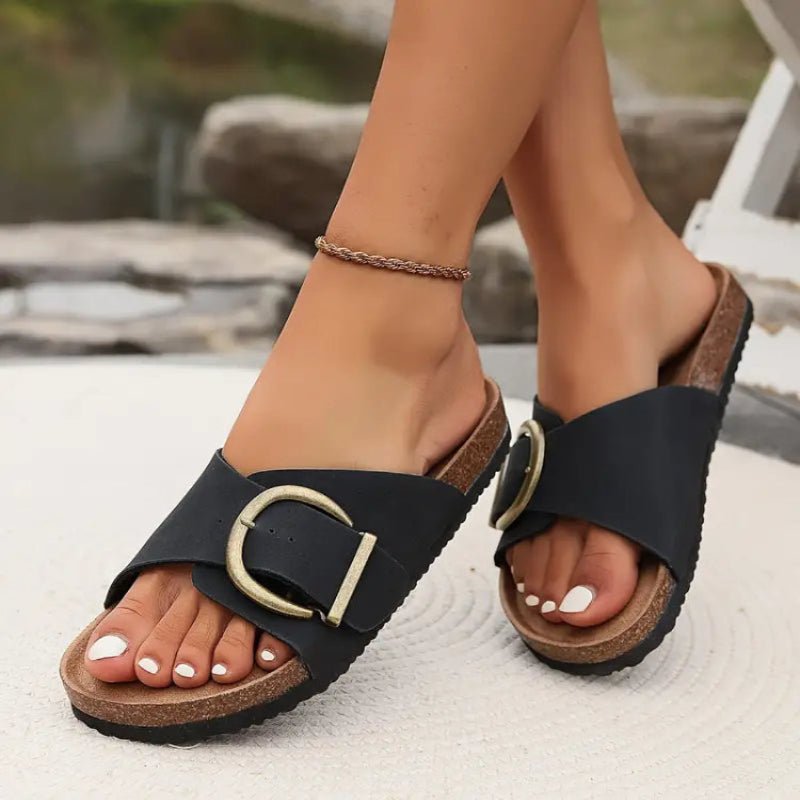 WALKIVA - Women's Orthopedic Black Sandals with Cork Sole & Adjustable Buckle 0
