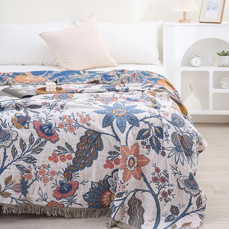 Coperta CottonBloom – Coperta rustica in cotone con motivo floreale, design reversibile