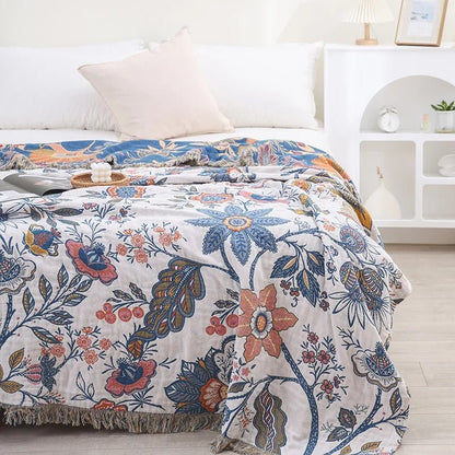 Coperta CottonBloom – Coperta rustica in cotone con motivo floreale, design reversibile