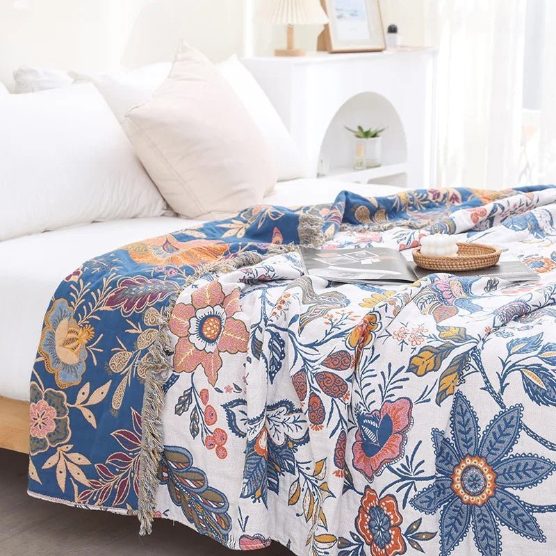 Coperta CottonBloom – Coperta rustica in cotone con motivo floreale, design reversibile