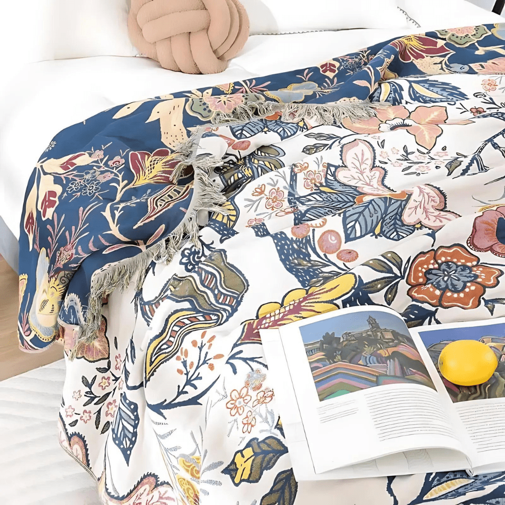 MEADOWNEST BLANKET – Rustic Cotton Blanket with Floral Pattern & Reversible Design