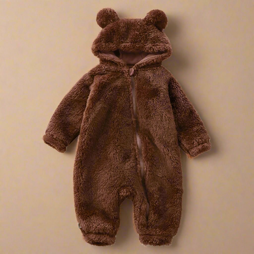 CozyCub Flannel Romper – Soft, Warm Baby Suit with Bear Hood for Winter Comfort (0–36 Months)