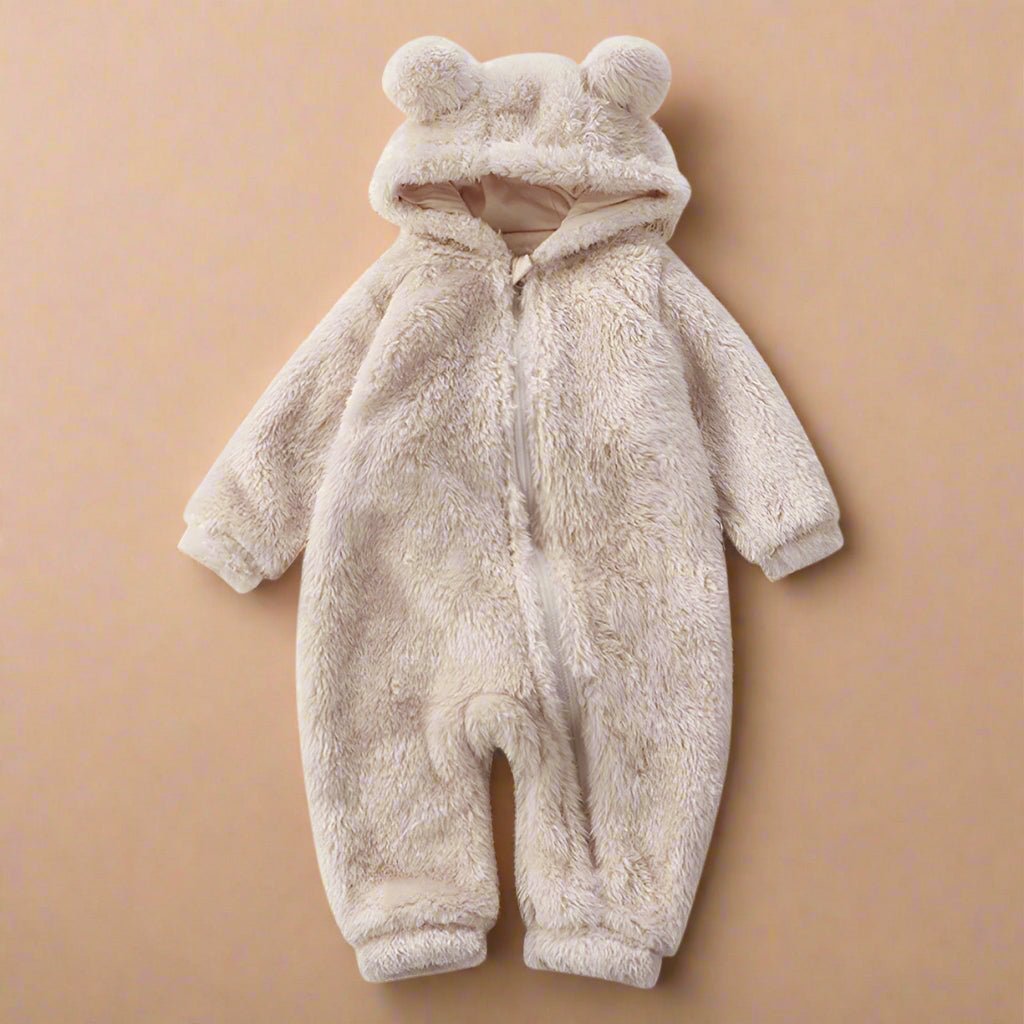 CozyCub Flannel Romper – Soft, Warm Baby Suit with Bear Hood for Winter Comfort (0–36 Months)