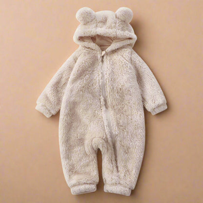 CozyCub flanelový overal – mäkký, teplý detský overal s kapucňou medveďa pre zimné pohodlie (0–36 mesiacov)