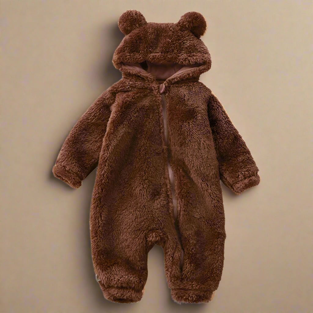 CozyCub Flannel Romper – Soft, Warm Baby Suit with Bear Hood for Winter Comfort (0–36 Months)