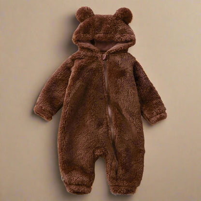CozyCub flanelový overal – mäkký, teplý detský overal s kapucňou medveďa pre zimné pohodlie (0–36 mesiacov)