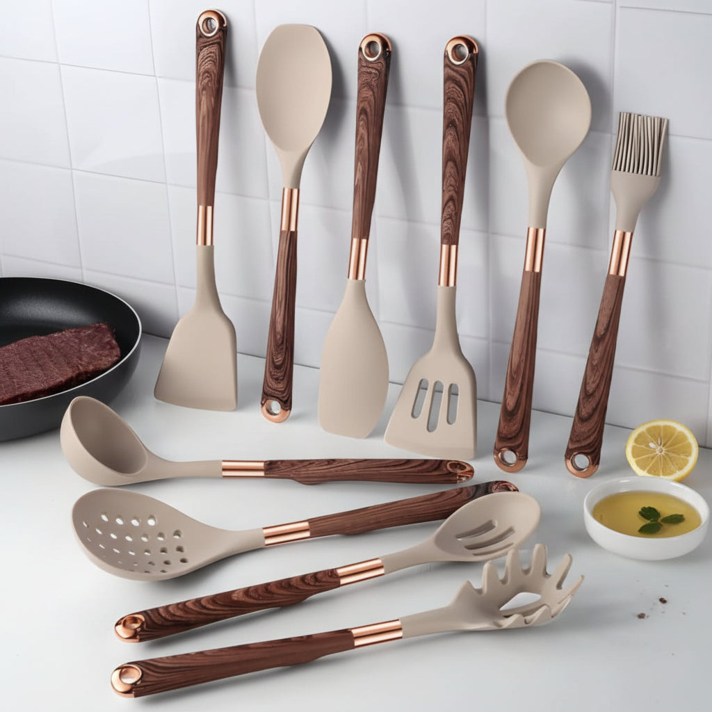 Cuivra - 11-Piece Kitchen Utensil Set with Faux Wood Handles & Silicone Heads 0