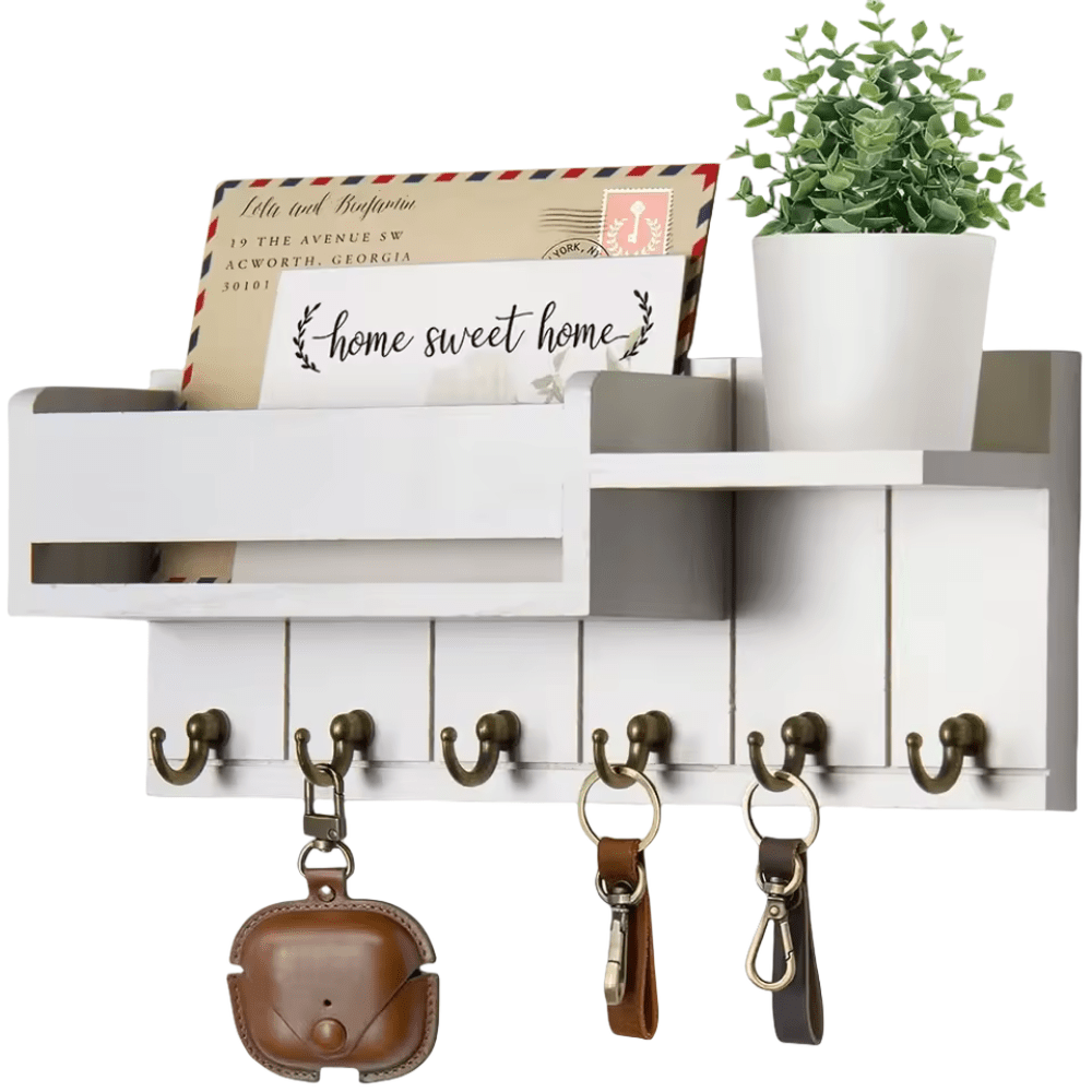 WALLCRAFT – Stylish Solid Wood Wall Organizer with Hooks and Mail Holder 6