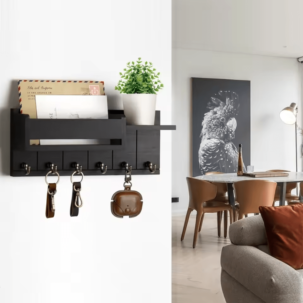 WALLCRAFT – Stylish Solid Wood Wall Organizer with Hooks and Mail Holder 0