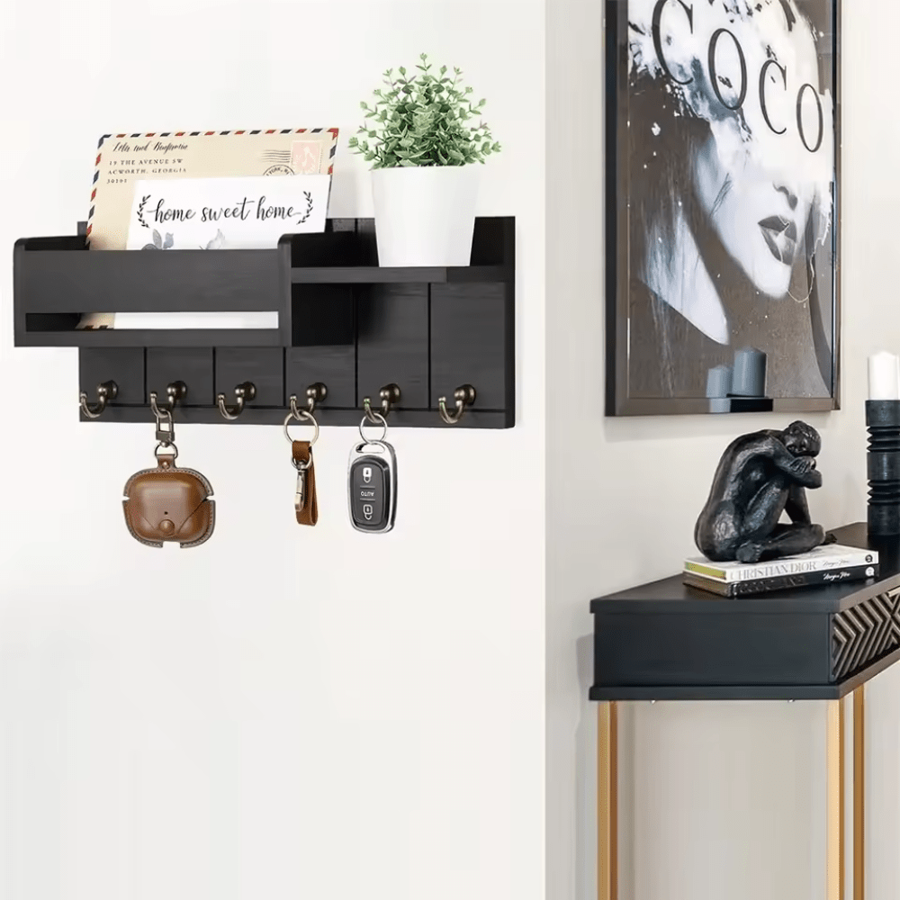 WALLCRAFT – Stylish Solid Wood Wall Organizer with Hooks and Mail Holder 1