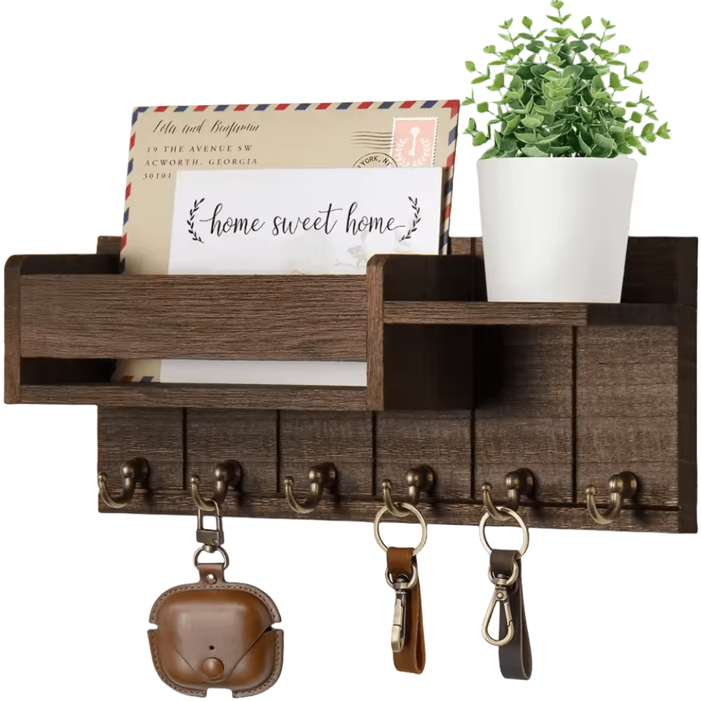 WALLCRAFT – Stylish Solid Wood Wall Organizer with Hooks and Mail Holder 3