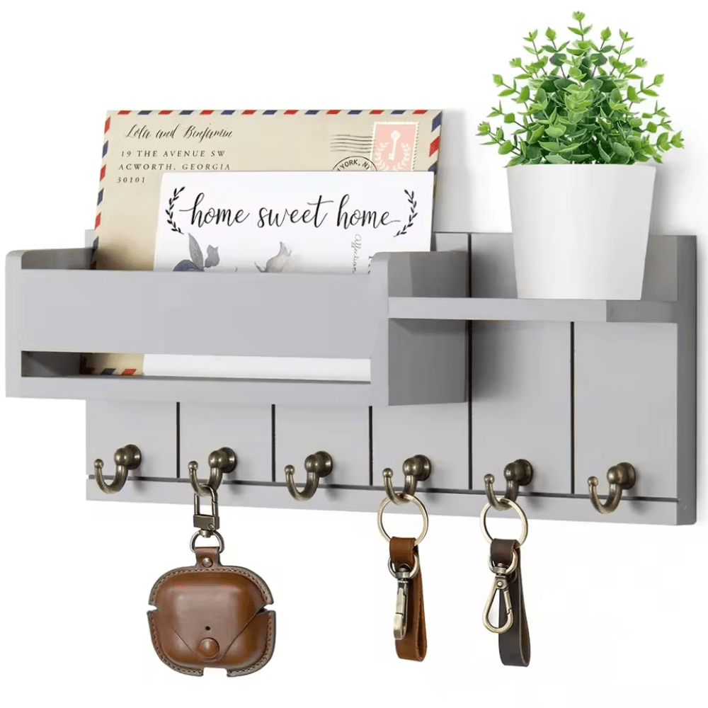 WALLCRAFT – Stylish Solid Wood Wall Organizer with Hooks and Mail Holder 4