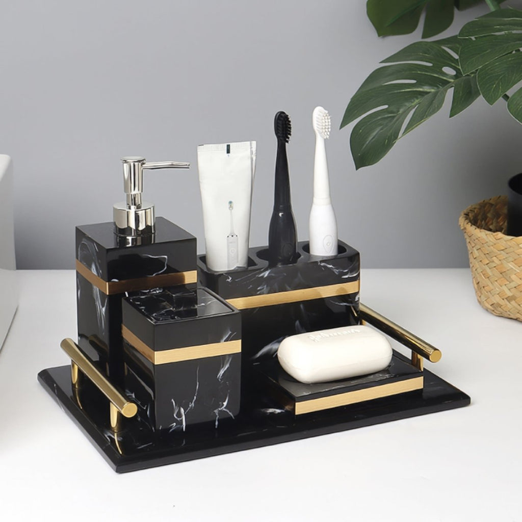LUXORA – Elegant Black Marble Accent Bathroom Tray with Gold Edges 4