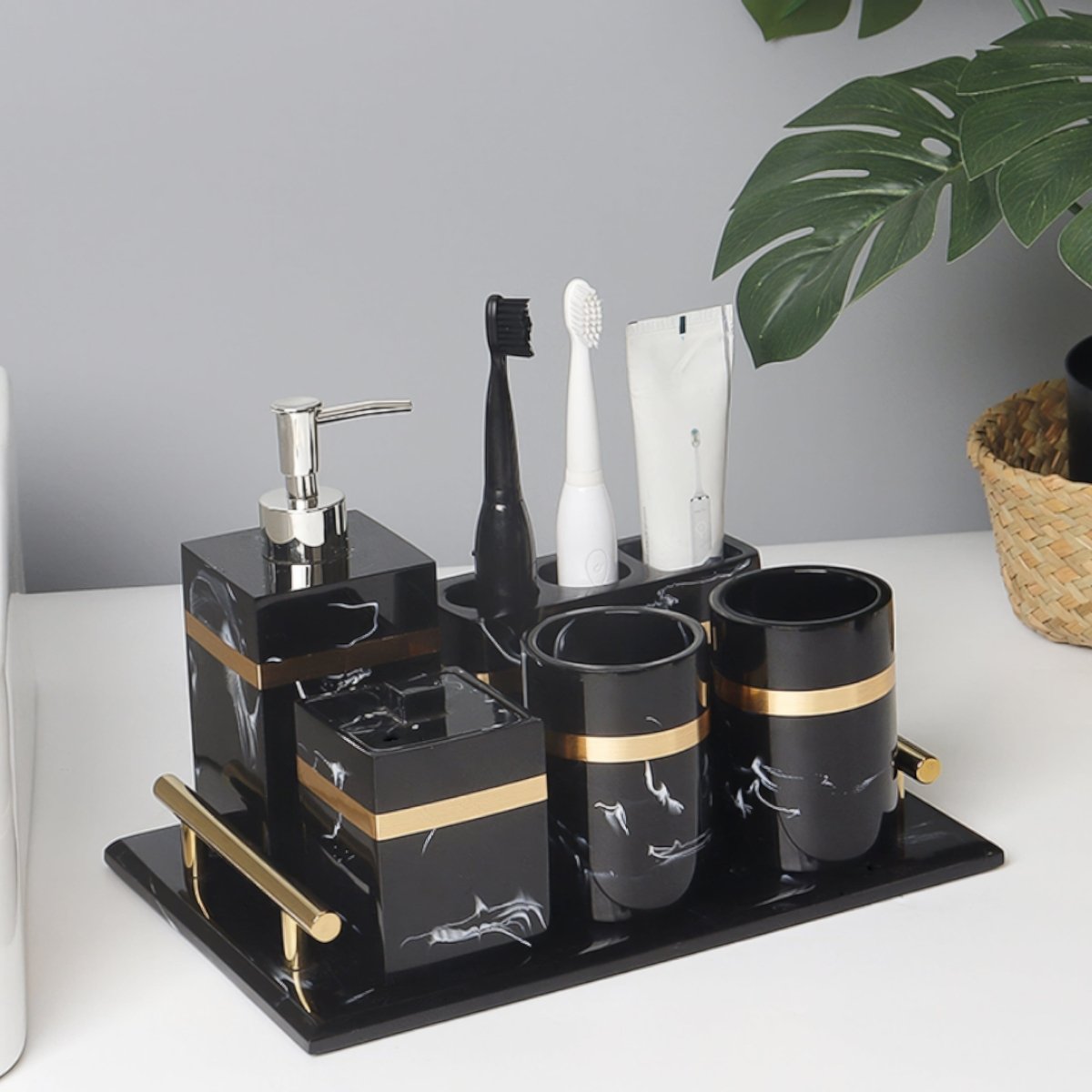 LUXORA – Elegant Black Marble Accent Bathroom Tray with Gold Edges 3