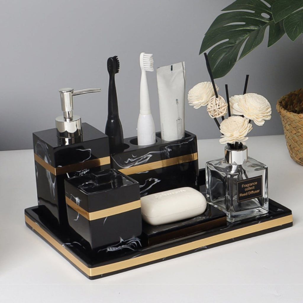 LUXORA – Elegant Black Marble Accent Bathroom Tray with Gold Edges 2