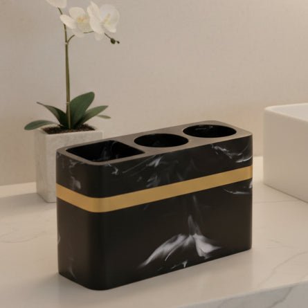 LUXORA – Elegant Black Marble Accent Bathroom Tray with Gold Edges 0