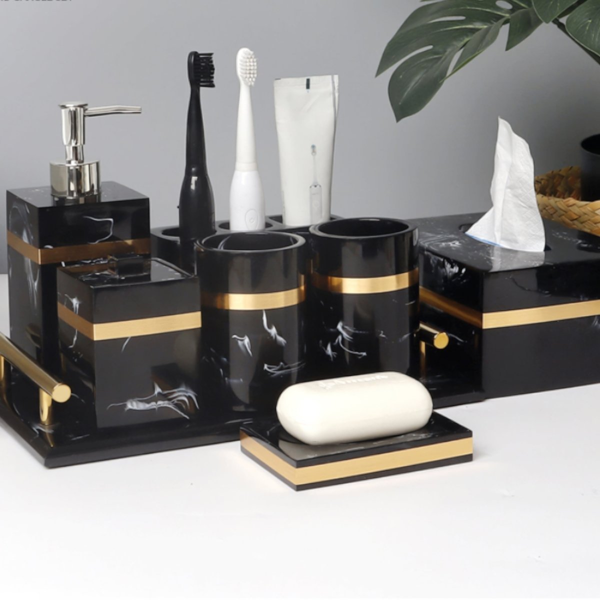 LUXORA – Elegant Black Marble Accent Bathroom Tray with Gold Edges 5